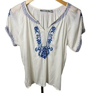 NY Collection White Embroidered Short Sleeved Boho Cotton Blouse Top Sz SP